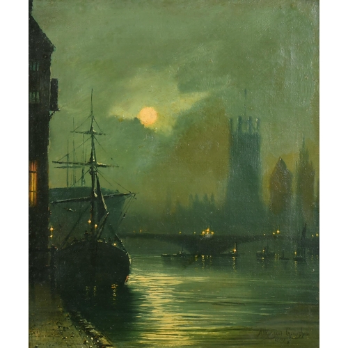 113 - Circle of John Atkinson Grimshaw (1836-1893) British. A Moonlit River Scene, Oil on Canvas, bears a ... 