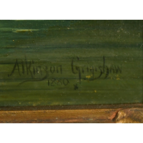 113 - Circle of John Atkinson Grimshaw (1836-1893) British. A Moonlit River Scene, Oil on Canvas, bears a ... 