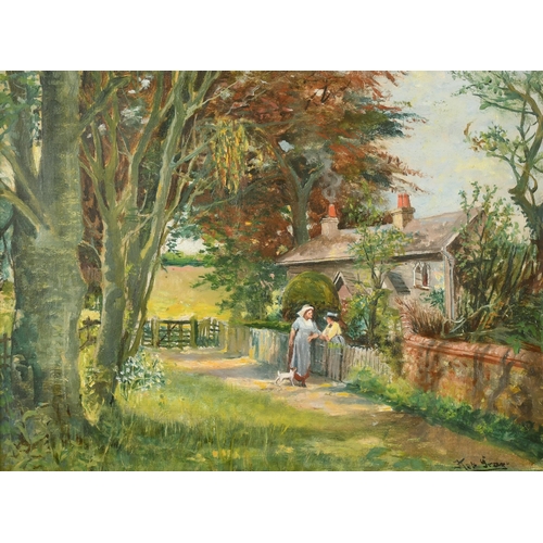117 - Kate Gray (act.1848-1892) British. Figures in Conversation by a Cottage, Oil on Canvas, Signed, 12