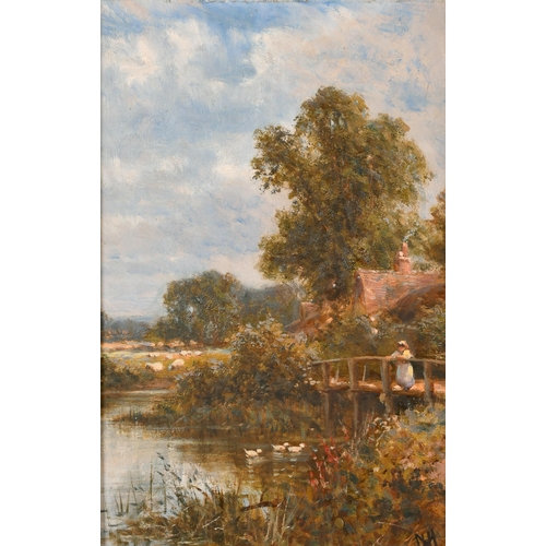 122 - Henry Maidment (act.1889-1914) British. A Tranquil River Landscape with a Girl on a Bridge feeding D... 