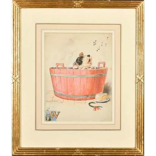 161 - Florence E Valter (20th Century) British. 'The Singing Puppy', Watercolour, Signed, 13.5