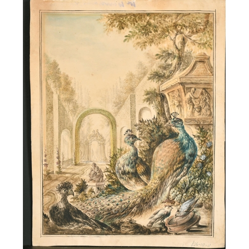 37 - Manner of Jean-Baptiste Oudry (1686-1755) French. Peacocks in a Palatial Garden, Watercolour, Unfram... 