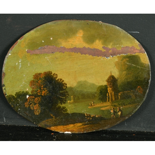 45 - 18th Century Dutch School. A Classical Landscape with Figures in the foreground, Oil on Copper, Oval... 