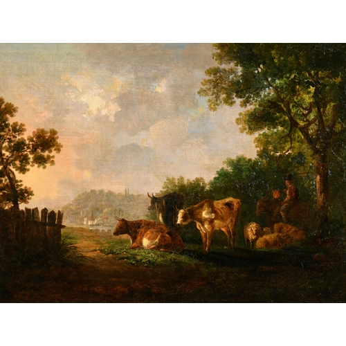 72 - Manner of Charles Towne (1763-1840) British. Figures and Cattle resting by a Tree, Oil on Canvas, 11... 