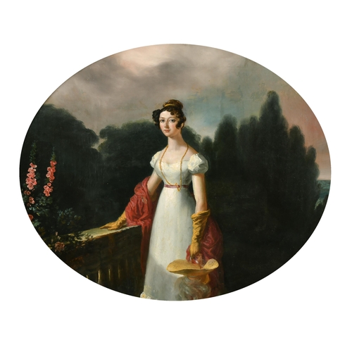 77 - Edmund Thomas Parris (1793-1873) British. An Elegant Lady on a Terrace, Oil on Canvas laid down, Ova... 