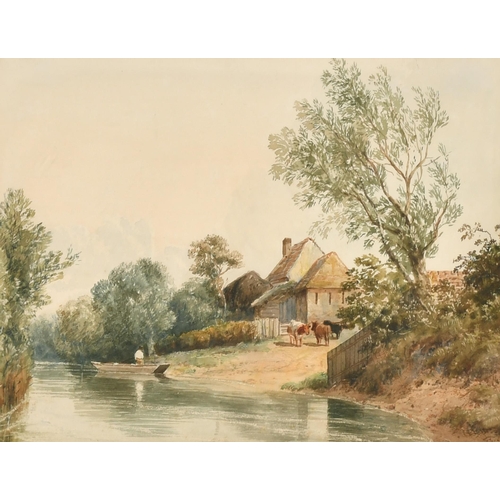 78 - Circle of Robert Hills (1769-1844) British. A River Landscape with a Figure in a Boat and Cattle by ... 