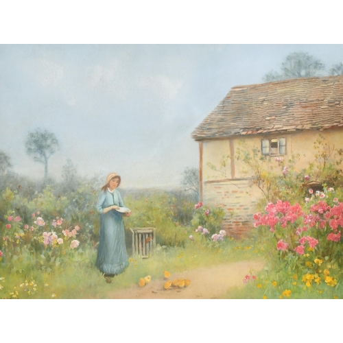 85 - Benjamin D Sigmund (1857-1947) British. A Young Girl Feeding Chicks in a Cottage Garden, Watercolour... 
