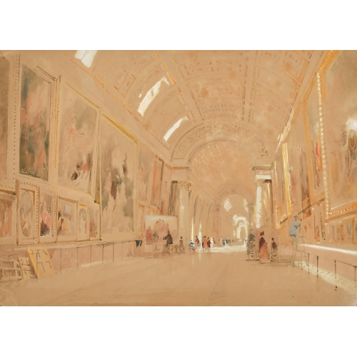 90 - Thomas Allom (1804-1872) British. The Long Gallery with Artists working, Watercolour, Signed, 10.75