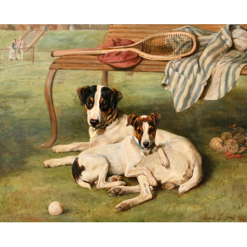 115 - David Gourlay Steell (1819-1894) British. Terriers Resting by a Bench with Tennis Racquet and Balls ... 