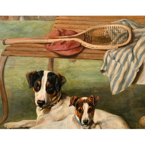 115 - David Gourlay Steell (1819-1894) British. Terriers Resting by a Bench with Tennis Racquet and Balls ... 