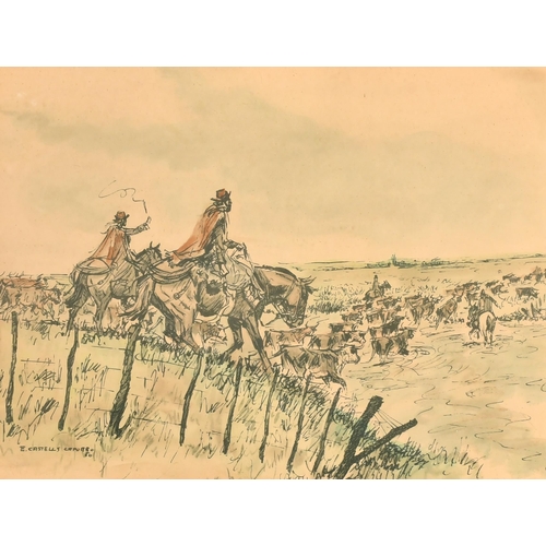 144 - Enrique Castells Capurro (1913-1987) Uruguayan. Herdsmen Rounding up Cattle, Print, Signed and Dated... 