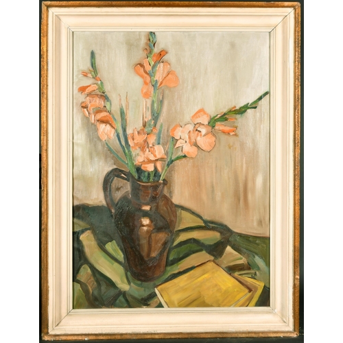 166 - Late 19th Century French School. Still Life of Gladioli in a Brown Jug, Oil on Canvas, 36