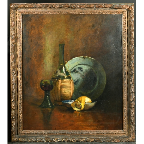 167 - 20th Century French School. Still Life of a Wine Bottle, Glass and Plate with a Lemon in a Bowl, Oil... 