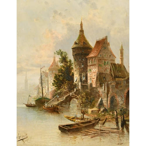 170 - Karl Kaufmann (1843-1902/5) Austrian. A Continental River Town Scene, Oil on Panel, Signed 'F R Gilb... 