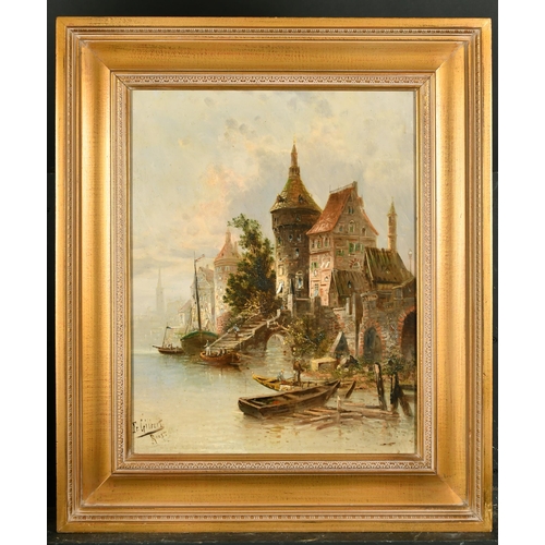 170 - Karl Kaufmann (1843-1902/5) Austrian. A Continental River Town Scene, Oil on Panel, Signed 'F R Gilb... 