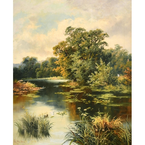 107 - D. Hicks (19th Century) British. A Fisherman in a Tranquil River Landscape, Oil on Canvas, Signed, 2... 