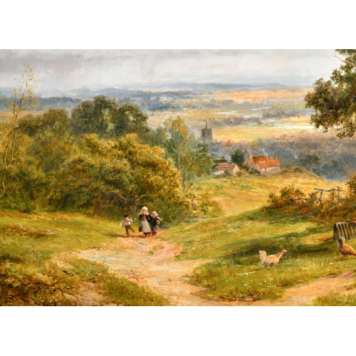 113 - Robert Gallon (1845-1925) British. An Extensive Landscape with a Girl Feeding Chickens in the foregr... 