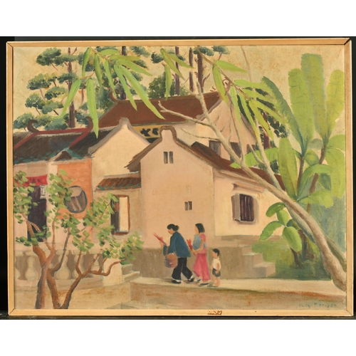 145 - Lucy Morison (20th Century) Malaysian. A Village Scene in Sarawak with Figures in the foreground, Oi... 