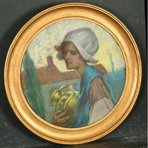 152 - 19th Century Dutch School. A Girl Holding a Pitcher, Pastel, Circular, 13.5