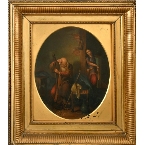 173 - 19th Century German School. 'The Harp Player', Oil on Metal, Framed oval, 10.75