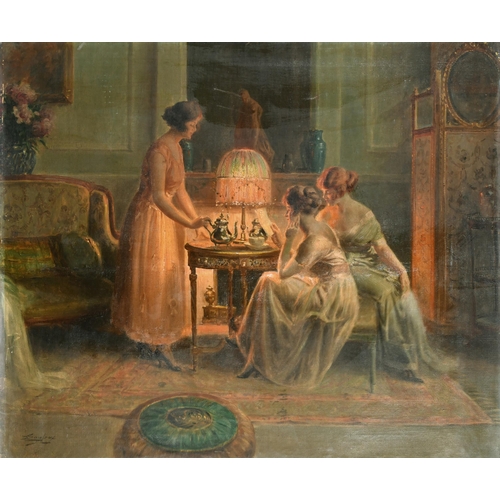 194 - Delphin Enjolras (1857-1945) French. The Tea Party, Oil on Canvas, Signed, Unframed 23.25