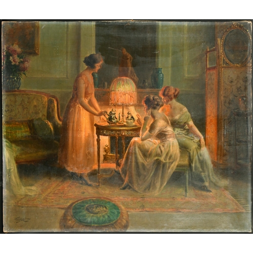 194 - Delphin Enjolras (1857-1945) French. The Tea Party, Oil on Canvas, Signed, Unframed 23.25