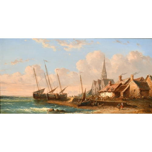 195 - Circle of Anton Schoth (1859-1906) German. A Beached Boat on a Continental Coast, Oil on Panel, 6.75... 