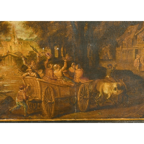 20 - 17th Century Dutch School. Figures Merrymaking in a Horse Drawn Cart, Oil on Joined Canvas, Unframed... 