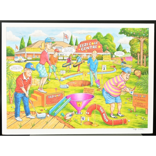 285 - Geoffrey Tristram (1954-    ) British. A Crazy Golf Cartoon, Watercolour, Signed, and Signed TRIST a... 