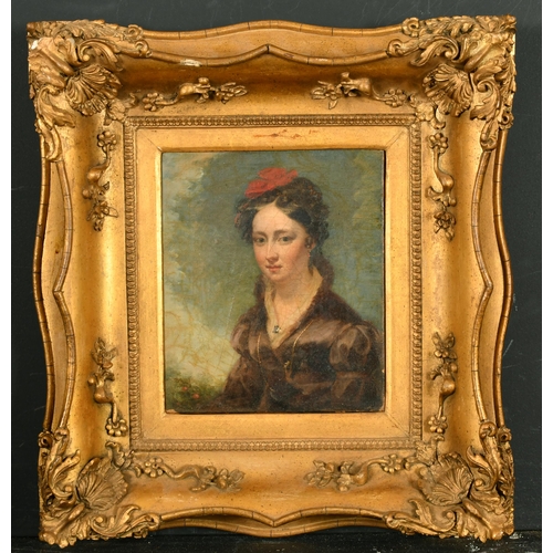 29 - Early 19th Century French School. A Bust Portrait of a Lady wearing a Red Hat, Oil on Canvas, 6.25