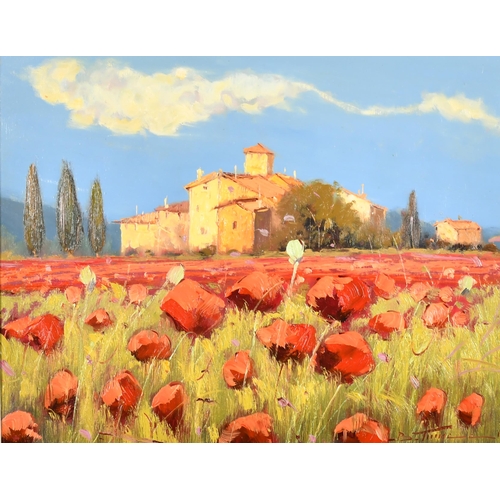 294 - Bruno Tinucci (1947-    ) Italian. Poppies in a Tuscan Landscape, Oil on Canvas, Signed, 15.75