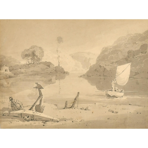 4 - Samuel Prout (1783-1852) British. Figures in a Boat on a Lake, Watercolour and Sepia, 7.5