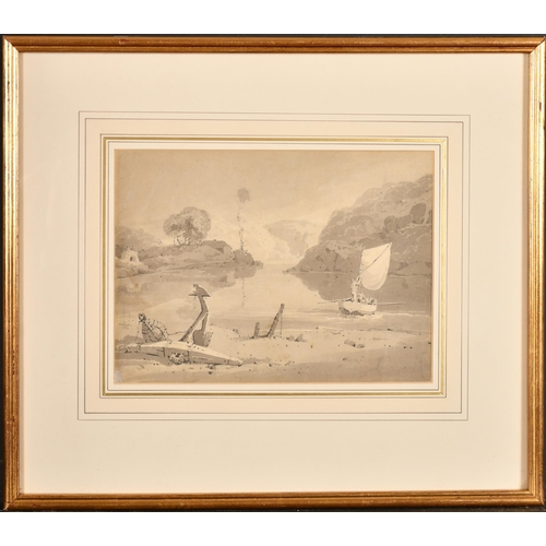 4 - Samuel Prout (1783-1852) British. Figures in a Boat on a Lake, Watercolour and Sepia, 7.5