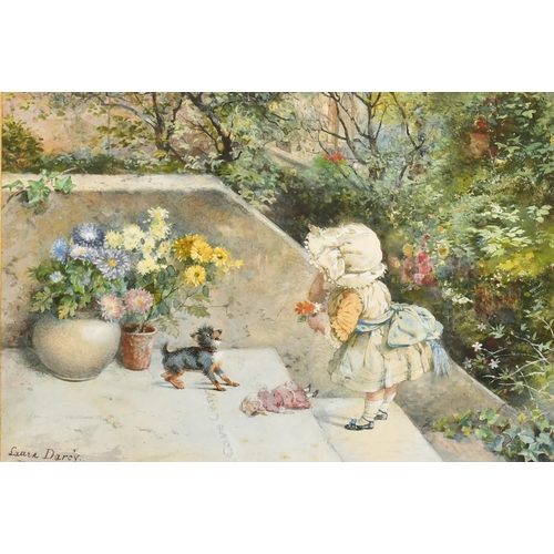 40 - Laura Darcy (act.1881-1905) British. A Girl and Dog on a Terrace, Watercolour, Signed, 6.75