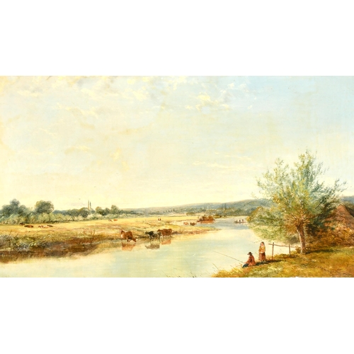 99 - Adam Barland (c1843-1916) British. A River Landscape with Figures in the foreground, Oil on Canvas, ... 