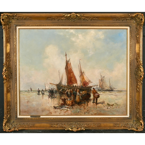 191 - William Edward Webb (1862-1903) British. 'Unloading the Catch', Oil on Canvas, Signed, 16