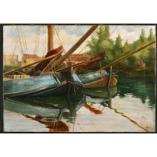 288 - Late 19th Century English School. 'Moored Barges on the River', Oil on Canvas, Signed with Monogram ... 