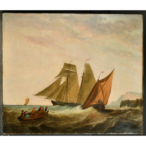 194 - 19th Century English School. Shipping in Choppy Waters with Figures in a small Boat, Oil on Canvas, ... 