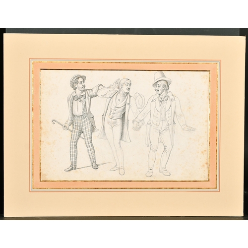 105 - 19th Century English School. Three Dapper Gentleman, one possibly Oscar Wilde, Ink and Pencil, Mount... 