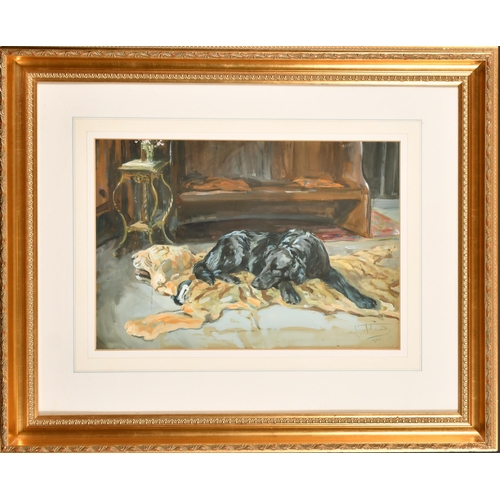 147 - Lionel Dalhousie Robertson Edwards (1878-1966) British. Black Retriever on a Tiger Rug, Gouache, Sig... 