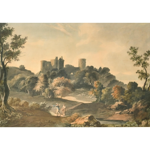 15 - 18th Century English School. Figures in a Landscape with a Castle beyond, possibly Goodrich Castle, ... 