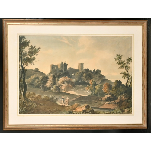 15 - 18th Century English School. Figures in a Landscape with a Castle beyond, possibly Goodrich Castle, ... 