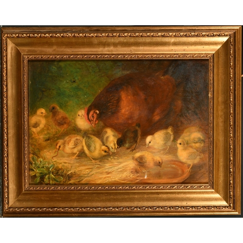 159 - Florence Vernon (fl.1881-1904) British. A Chicken Feeding with Her Chicks, Oil on Panel, Signed, 12