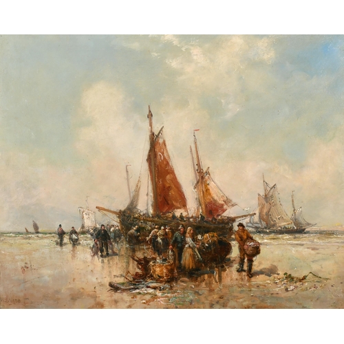 191 - William Edward Webb (1862-1903) British. 'Unloading the Catch', Oil on Canvas, Signed, 16