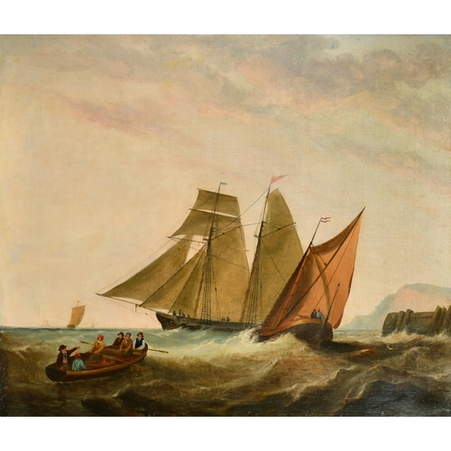 194 - 19th Century English School. Shipping in Choppy Waters with Figures in a small Boat, Oil on Canvas, ... 