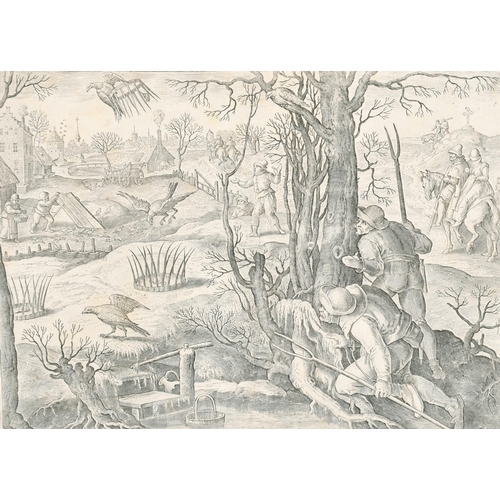 2 - Jan van der Straet 'Stradanus' (1523-1605) Flemish. 'Buzzard Hunt with Trappers in Winter', Etching,... 