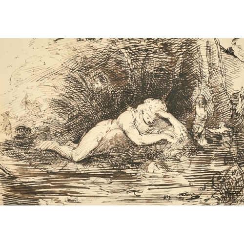 20 - Circle of Henry Fuseli (1741-1825) British. A Reclining Lady by the Water's Edge, Ink, 6.25