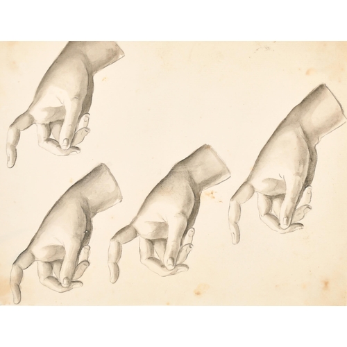 22 - Johannes Eckstein (1736-1817) German/American. Studies of Hands, Ink and Wash, Mounted Unframed 5.25... 