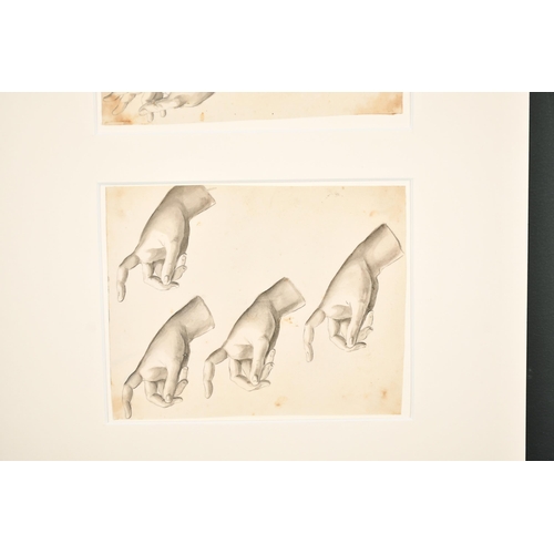 22 - Johannes Eckstein (1736-1817) German/American. Studies of Hands, Ink and Wash, Mounted Unframed 5.25... 