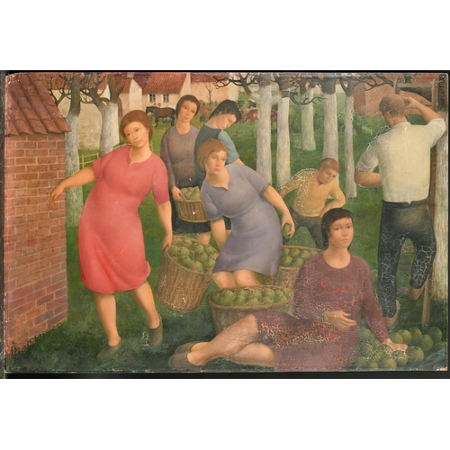 234 - Gustaaf de Bruyne (1914-1981) Belgian. The Apple Pickers, Oil on Panel, Signed, Unframed 20.5